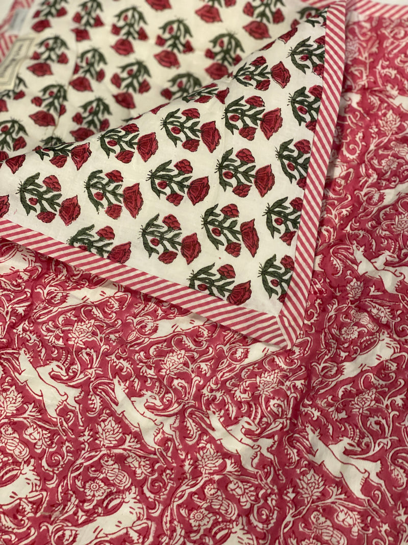 Block Printed Quilt - Pink Deer/Green Floral