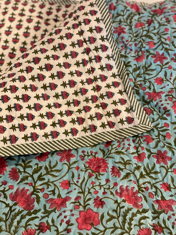 Block Printed Quilt - Pink/Green Vine