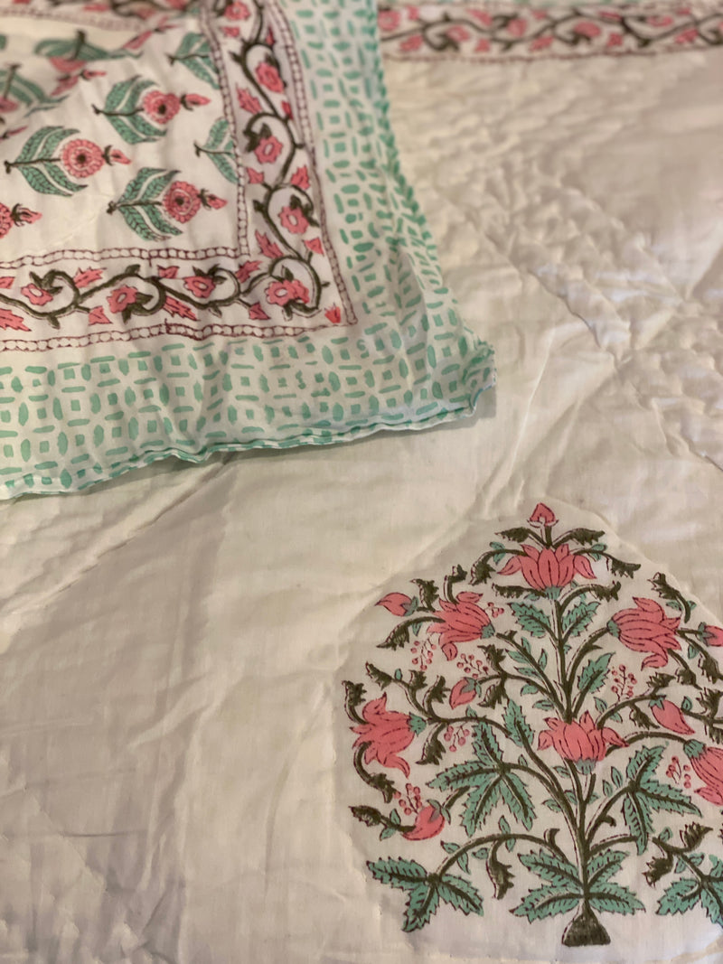 Block Printed Quilt - Pink/Mint Motif