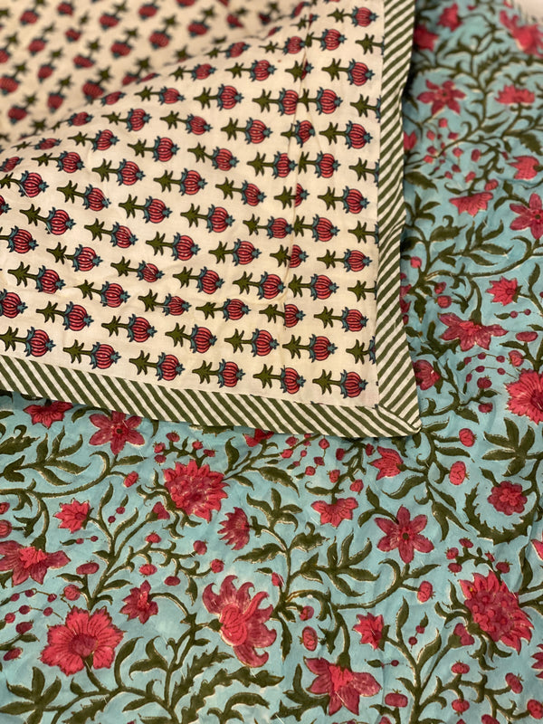 Block Printed Quilt - Pink/Green Vine