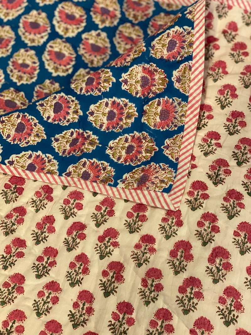 Block Printed Quilt - Pink Floral/Blue Motif