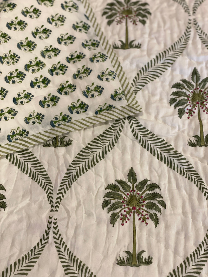 Block Printed Quilt - Green Palms