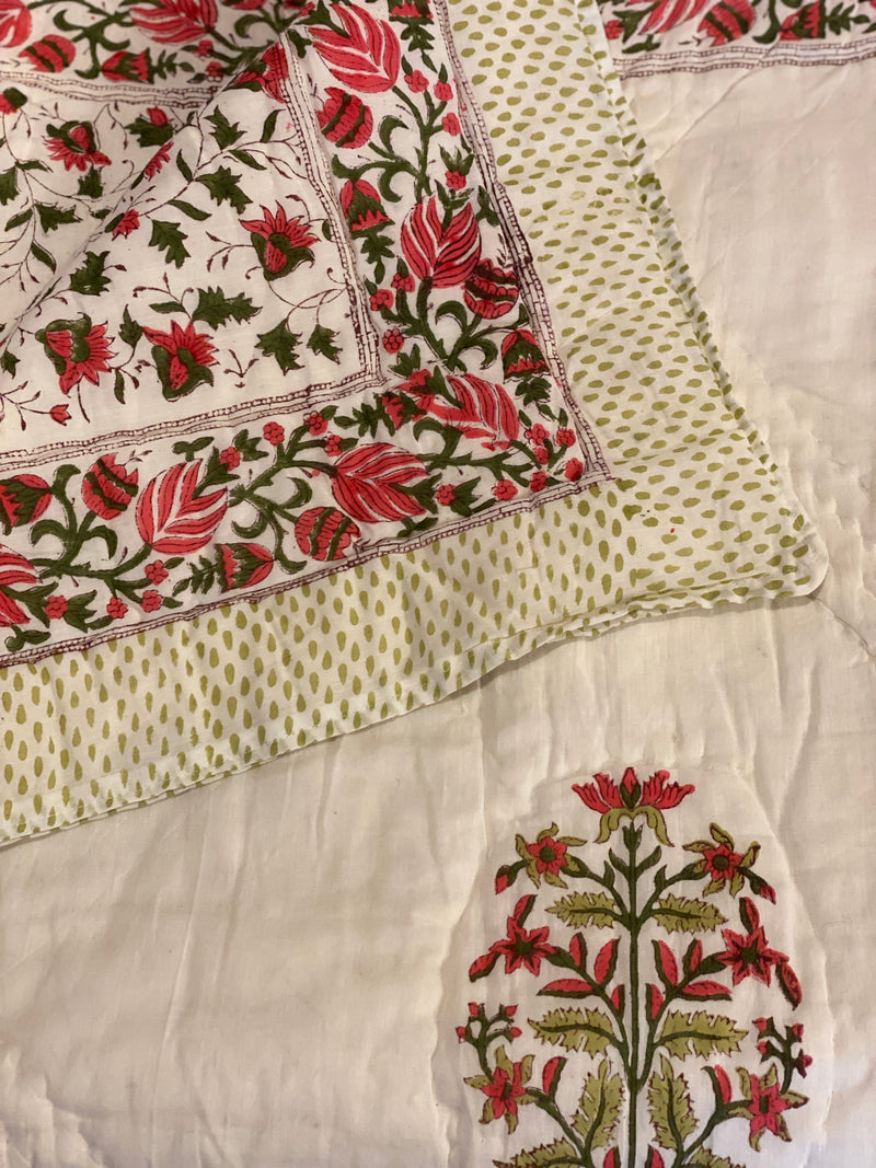 Block Printed Quilt - Pink/Green Motif