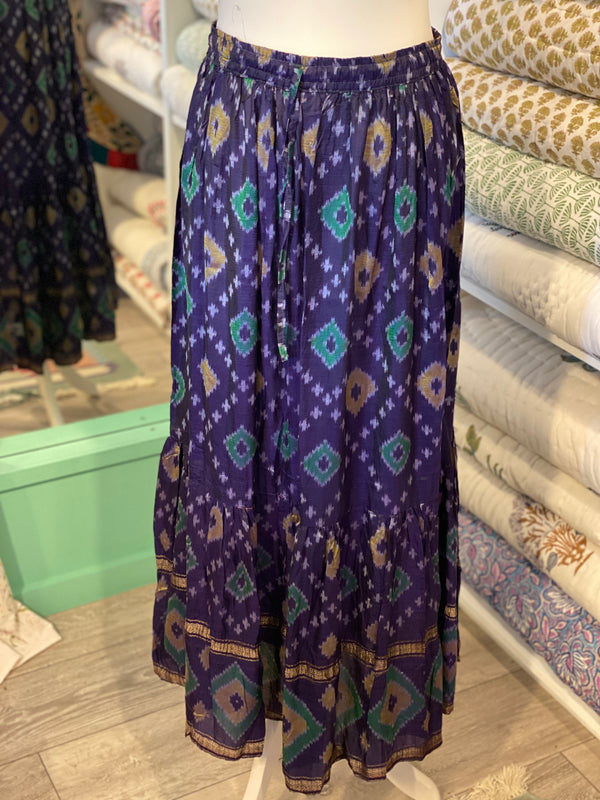Vintage Sari Silk Maxi Skirt - Purple/Green