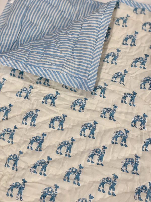 Block Print Toddler Quilt - Blue Camel/Stripe