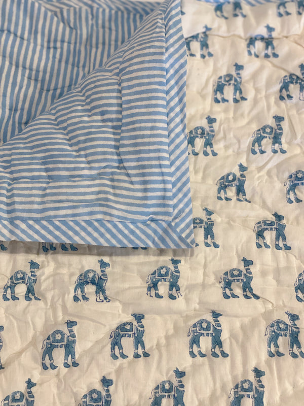 Block Print Toddler Quilt - Blue Camel/Stripe