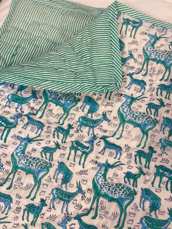 Block Print Toddler Quilt - Blue & Green Deer/Stripe