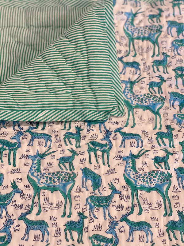 Block Print Toddler Quilt - Blue & Green Deer/Stripe