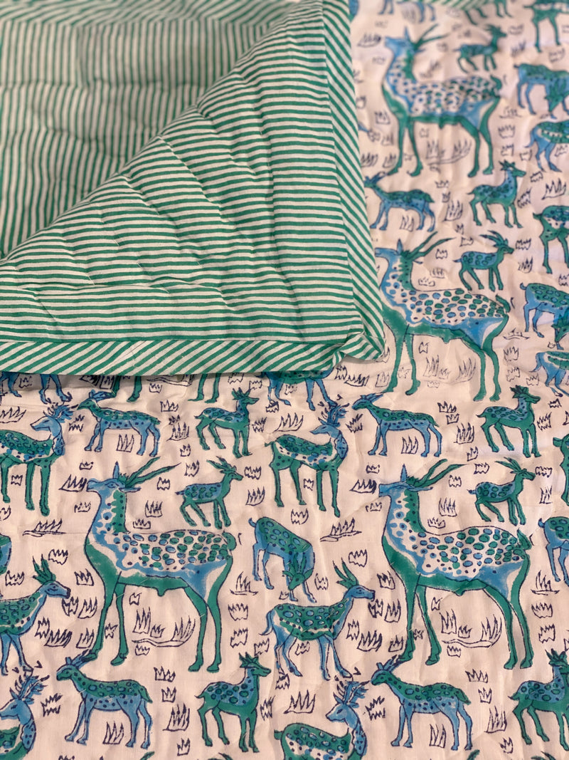 Block Print Toddler Quilt - Blue & Green Deer/Stripe