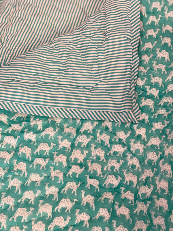 Block Print Toddler Quilt - Green Camels/Stripe