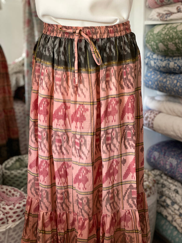Vintage Sari Silk Maxi Skirt - Salmon/Green