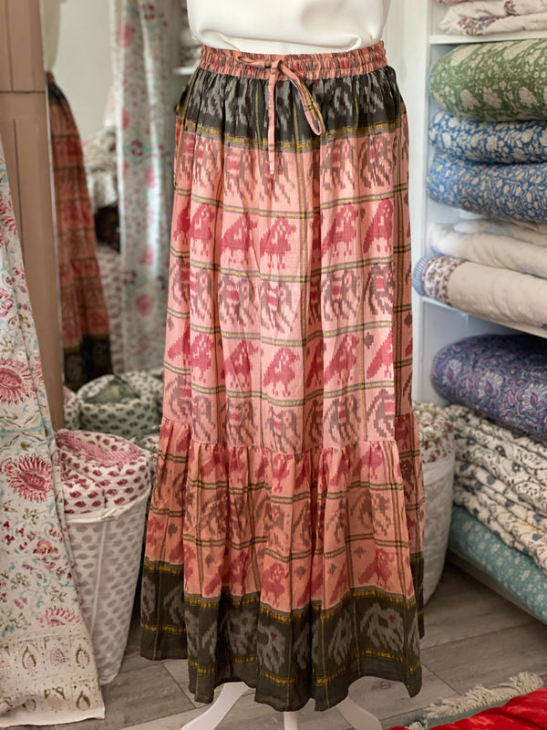 Vintage Sari Silk Maxi Skirt - Salmon/Green