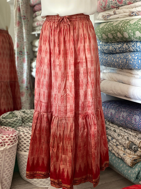 Vintage Sari Silk Maxi Skirt - Pink/Red
