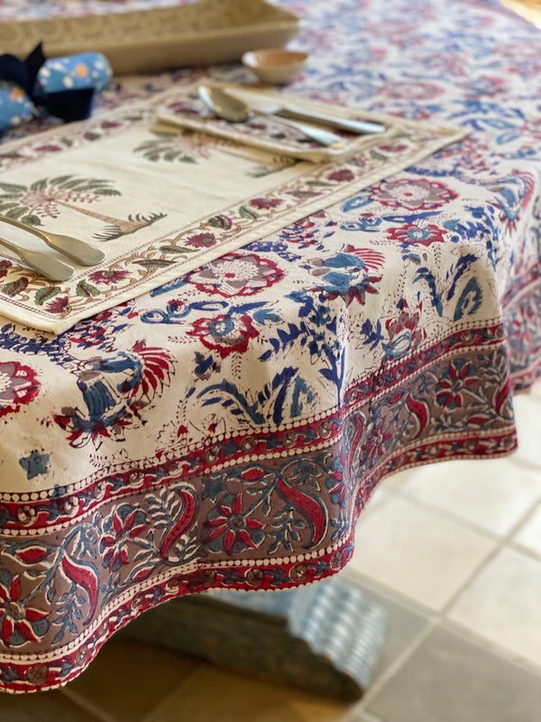 Block Printed Tablecloth - Red & Blue Floral