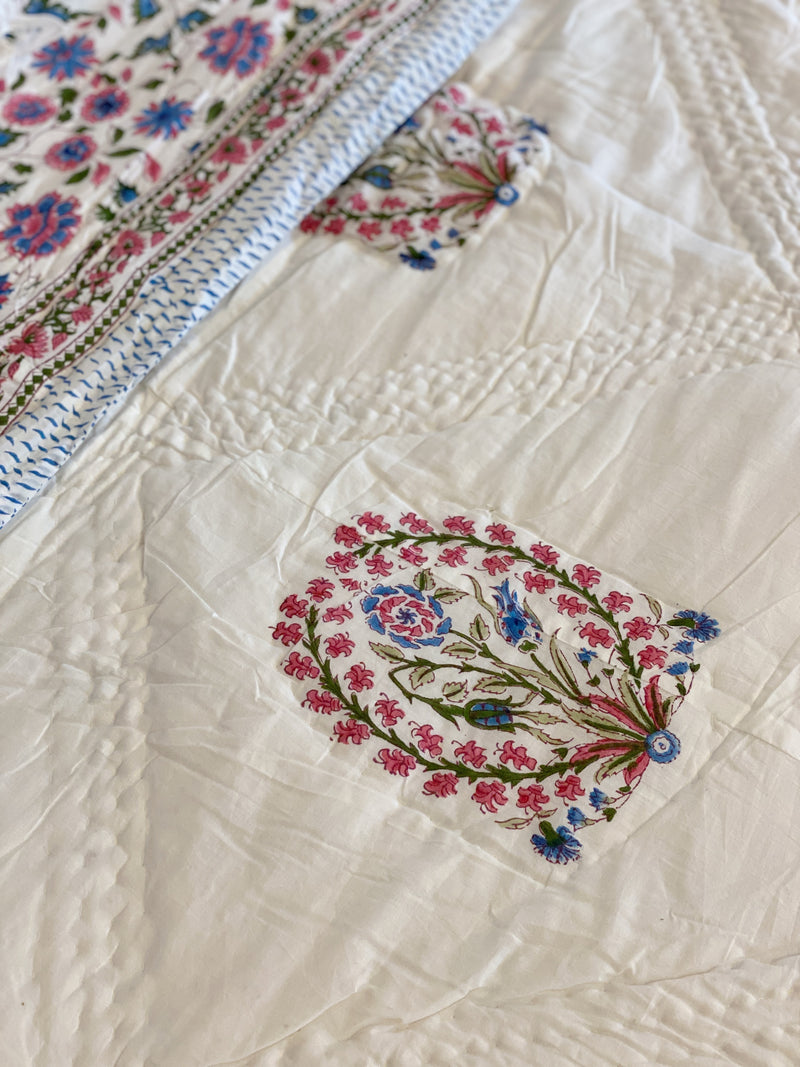 Block Printed Quilt - Pink/Blue Ditzy Floral