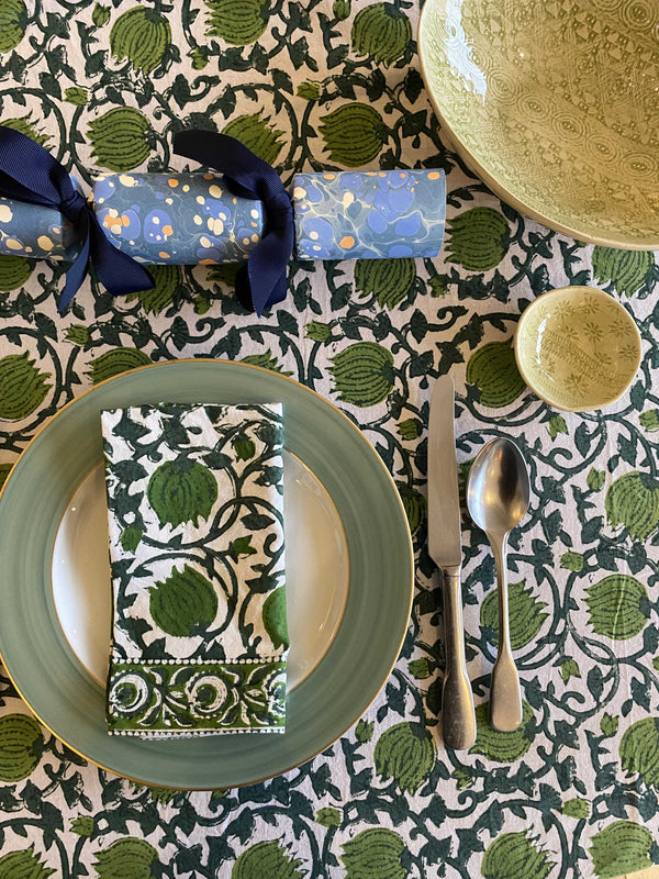 Block Printed Tablecloth - Green Floral