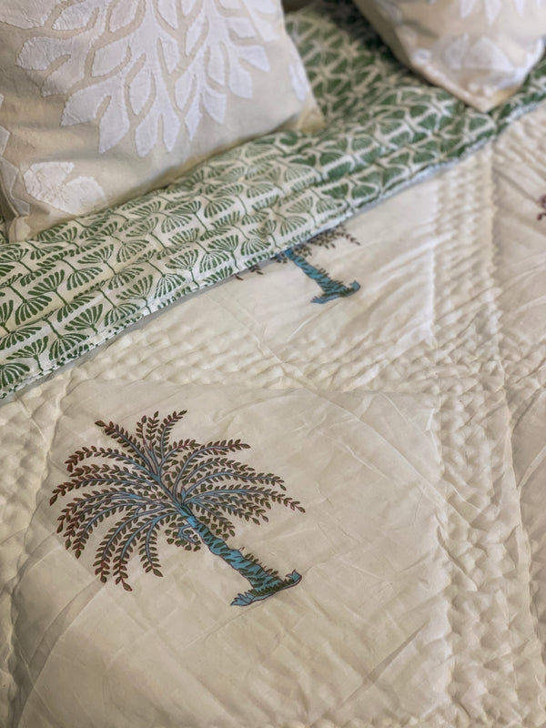 Block Printed Quilt - Blue Palm