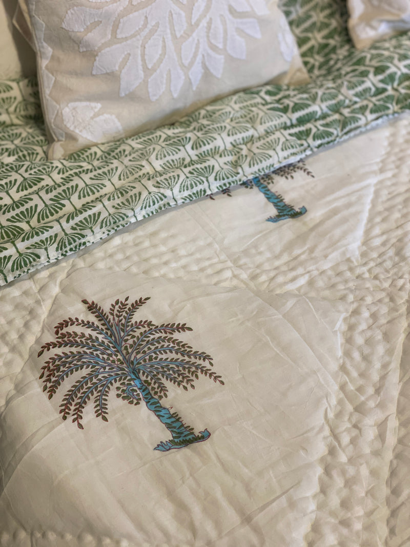 Block Printed Quilt - Blue Palm