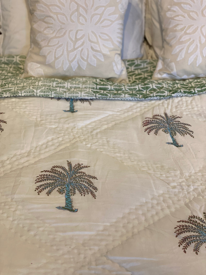 Block Printed Quilt - Blue Palm