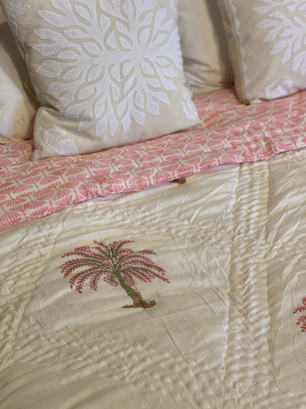 Block Printed Quilt - Pink Palm
