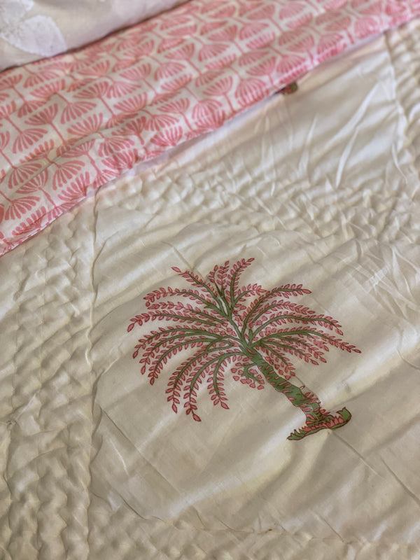 Block Printed Quilt - Pink Palm
