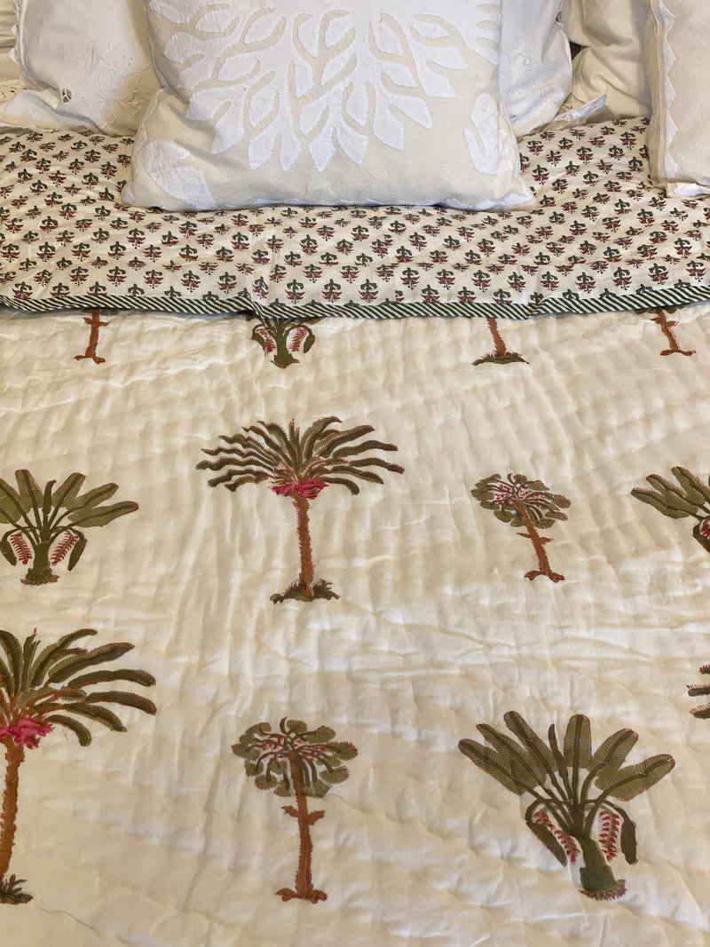 Block Print Quilt - Red & Green Palms