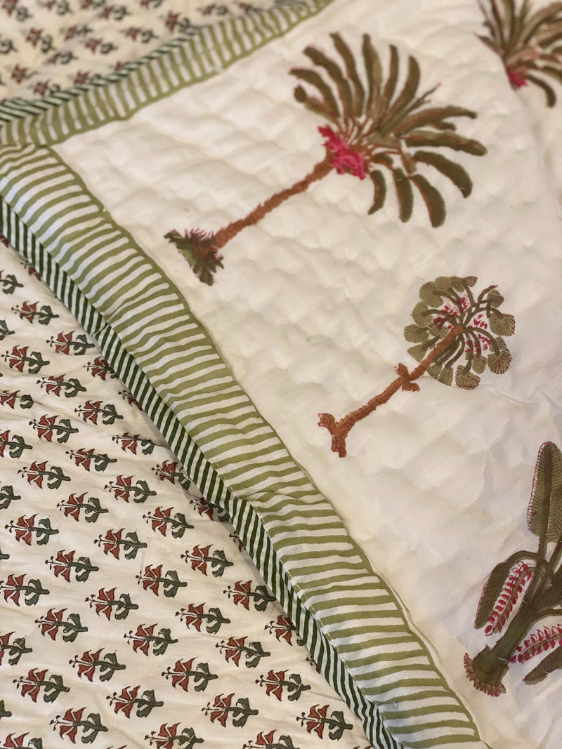 Block Print Quilt - Red & Green Palms