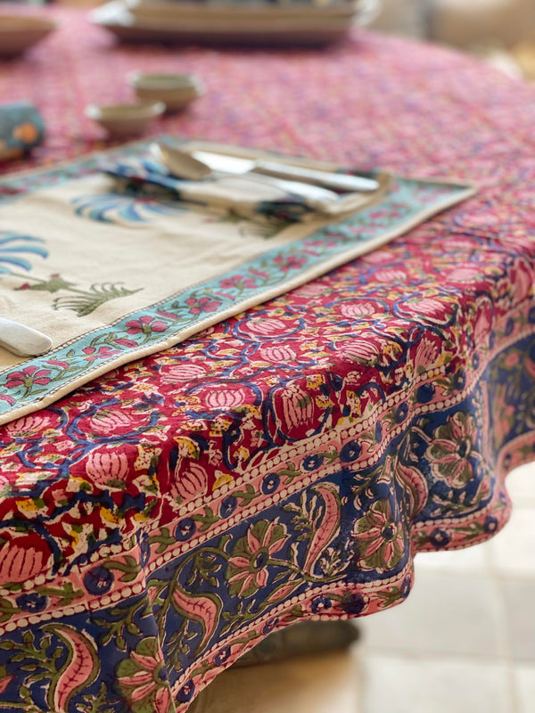 Block Printed Tablecloth - Red Floral