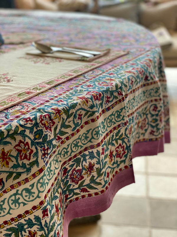 Block Printed Tablecloth - Purple Floral