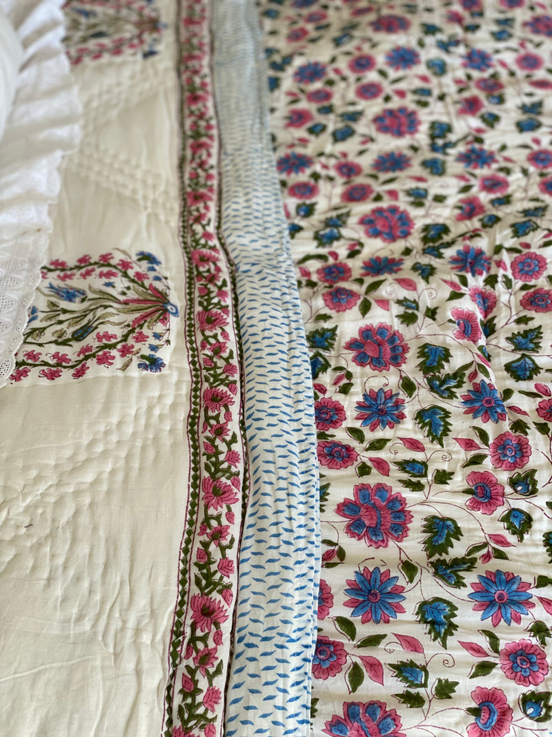 Block Printed Quilt - Pink/Blue Ditzy Floral