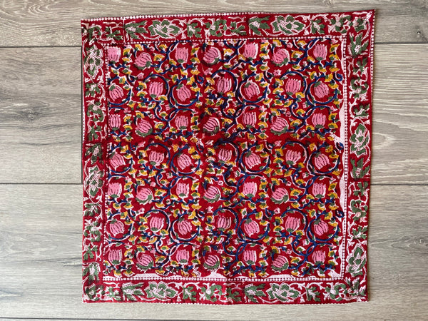 Set of 4 Block Printed Napkins - Red Floral