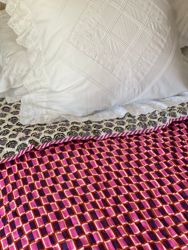 Block Printed Quilt - Pink/Purple Graphic