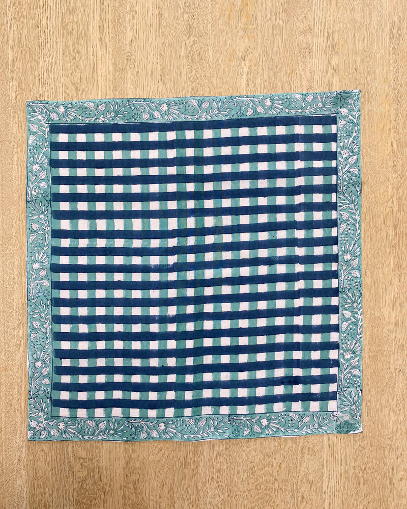 Blue Check Block Print Cotton Napkins